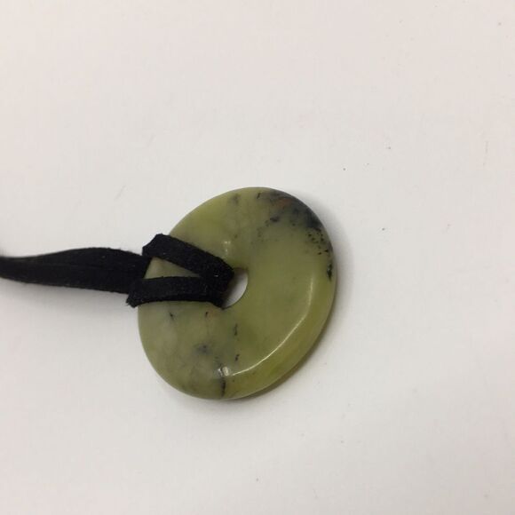 Olive Jade Disc Necklace on Black Suede Cord with silver tone hardware - Picture 7 of 16
